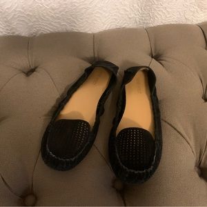 Black suede Nine West laser cut loafers / moccasins.